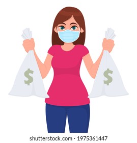 Young girl in medical face mask showing cash, money bag with dollar sign. Woman holding currency notes sack. Female character design. Corona virus epidemic outbreak. Cartoon illustration in vector.
