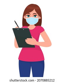 Young girl in medical face mask, writing on clipboard. Woman holding notepad or report. Female character design. Corona virus epidemic outbreak. Modern lifestyle. Cartoon illustration in vector style.
