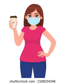 Young girl in medical face mask, showing coffee cup. Woman holding paper mug. Female character design. Corona virus epidemic outbreak. Modern food lifestyle. Cartoon illustration in vector style.