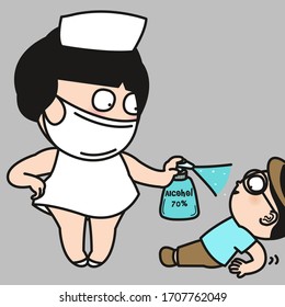 Young Girl In Medical Uniform And Surgical Face Mask Spraying Sanitiser Alcohol To Her Boyfriend To Stop Spreading Virus Concept Card Character illustration