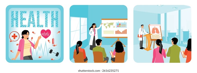 young girl with medical and wellness icons. Female doctor doing medical presentation.Doctor explaining human lungs to a group. Health education concept. Set flat vector illustration