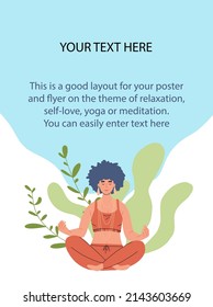 A young girl meditates and does yoga. A poster or flyer on the topic of yoga, fitness and self-love. A woman is sitting in the lotus position
