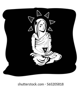 Young girl meditating in alotus pose holding a triangle in her hands
