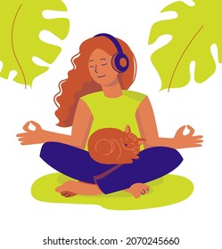 Young girl meditating in earphones with cat on her lap. Vector flat illustration isolated on white