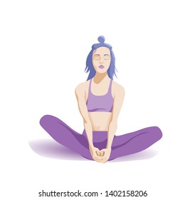 A young girl is meditating in the lotus position. Deep detachment training yoga. Vector illustration. Athletic slim female character