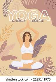 Young girl meditating in lotus position with tropic leafs on background in faceless style for posters, websites. Concept for yoga online class healthy lifestyle relax and sports activities