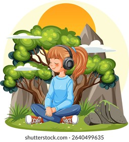 Young girl meditating outdoors with headphones surrounded by nature and mountains