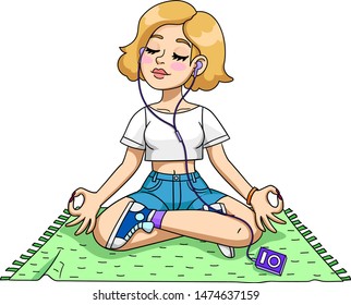 Young girl meditating in yoga lotus position on a green carpet and listening music with headphones. Vector illustration isolated.