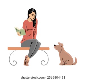 A young girl meets a cute dog on the street. A woman is sitting on a bench. Friendship between animals and people. Caring for a pet. Flat vector art illustration isolated on white