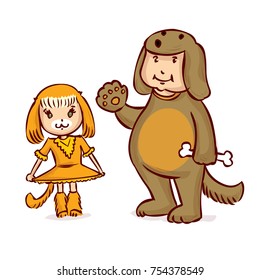Young girl and men in a dog carnival suit. Hand drawn cartoon vector illustration