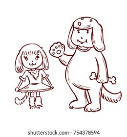 Young girl and men in a dog carnival suit. Hand drawn cartoon vector illustration