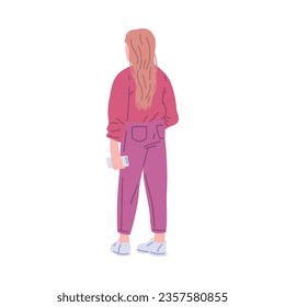 Young girl with mobile phone in hand standing back flat style, vector illustration isolated on white background. Decorative design element, female character