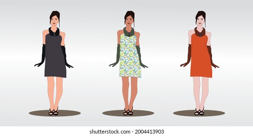 Jungfrau-Modellvektor mit modernem, stilvollem, modischem Kleid in Schwarz, Rot, Grün, architektonische Frau menschliche Figur mit schwarzem Umriss, Dame auf Laufsteg