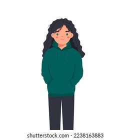Young girl in modern green hoody standing and smiling isolated on the white background. Vector illustration