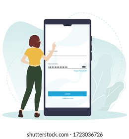 Young girl near big phone, open login page. Flat illustration for web