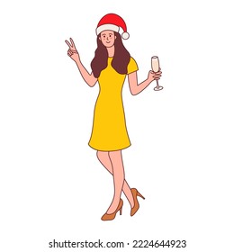 A young girl in a New Year's cap with with a glass of alcohol. Christmas party, holiday, fun. Сolored vector illustration isolated on white background. Doodle art.
