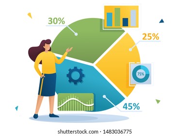 Young girl next to a large chart and a set of analytical data to analyze the information. Flat 2D character. Concept for web design