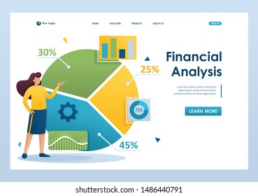 Young girl next to a large chart and a set of analytical data to analyze the information. Flat 2D character. Landing page concepts and web design