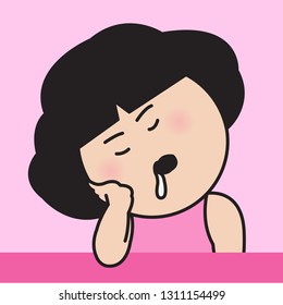 Young Girl With Nodding Head Falling Asleep During Day Time. Drowsy Woman Resting With Drool Flowing Down Her Mouth Concept Card Character illustration