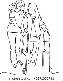 A young girl nurse hugs an elderly woman. Mothers Day. Mother with daughter. line drawing