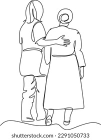 A young girl nurse hugs an elderly woman  Mothers Day  Mother and daughter  line drawing