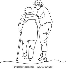 A young girl nurse hugs an elderly woman. Mothers Day. Mother with daughter. line drawing