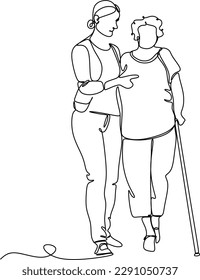 A young girl nurse hugs an elderly woman. Mothers Day. Mother with daughter. line drawing