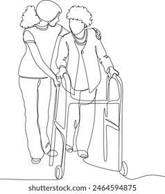 A young girl nurse hugs an elderly woman. Mothers Day. Mother with daughter. line drawing. Without artificial intelligence