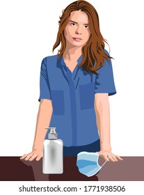 Young girl nurse or medical asistant with hand sanitizer and protective mask. Coronavirus pandemic. Vector
