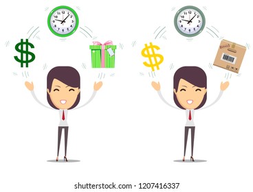 Young girl with objects in business. Stock flat vector illustration.