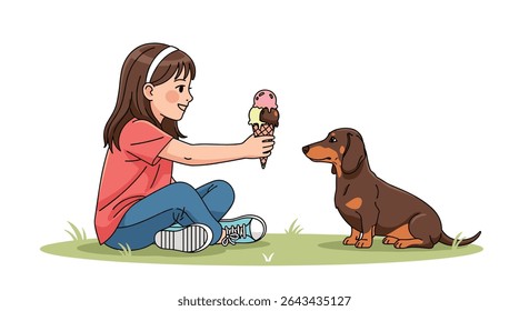 A Young Girl Offers An Ice Cream To Her Loyal Brown Dachshund Friend