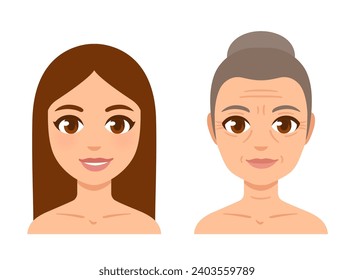 Young girl and old woman with gray hair and wrinkles. Aging process and female health. Cartoon style vector illustration.