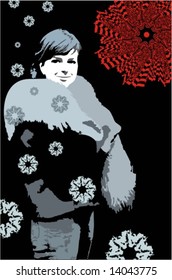 The young girl on an abstract background with snowflakes