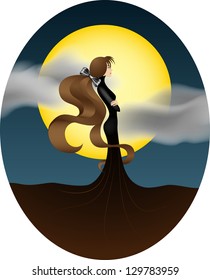 young girl on the background of a big yellow moon and of gray clouds