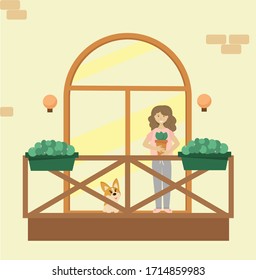 A young girl on the balcony with a dog takes care of flowers. Stay at home. The concept of a pandemic. Flat-style illustration on a white isolated background