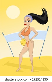 Young girl on beach playing volleyball vector cartoon illustration