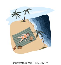 Junge Mädchen am Strand, Ruhe, Gelassenheit. Stock-Vektorgrafik. Strandzubehör, Meeresbrise, Palmen, Sand. Summer Concept-Art.
