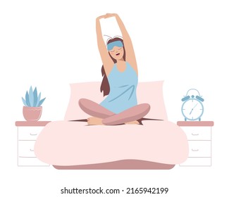 Young girl on the bed in the morning, stretching. Morning routine. Vector illustration in hand-drawn style on a white background
