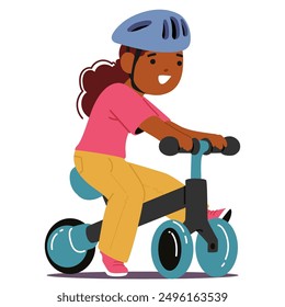 Chica Joven En Una Bicicleta De Empuje Azul Con Detalles Rosados Y Amarillos. El Personaje Infantil Negro De Dibujos Animados Lleva Un Casco Azul Y Tiene Una Gran Sonrisa, Enfatizando El Disfrute Y La Seguridad De Montar. Ilustración vectorial