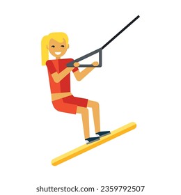 Young girl on board doing free ride on waves. Multicolored flat vector icon representing sports items inventory equipment concept isolated on white background