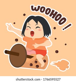 A young girl on bubble tea (boba) rocket vector illustration