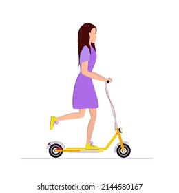 Young girl on an electric scooter. Eco-friendly transport that does not pollute the environment. Active lifestyle. Modern technological transport. Vector stock illustration on white background