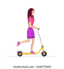 Young girl on an electric scooter. Eco-friendly transport that does not pollute the environment. Active lifestyle. Modern technological transport. Vector stock illustration on white background