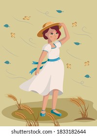 A young girl on the field holds her hat against the gusts of wind and looks into the away. The wind blows on the girl, swells her dress, sways the ears of wheat.