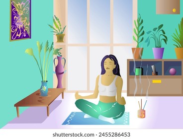 Young girl on the floor in lotus position meditating at home. Vector illustration brunette girl on a rug in a meditative pose with her back turned to a large window, incense smoldering with smoke