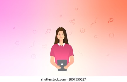 Young girl with on a gradient background with icons and elements. Woman in shirt with a tablet. 