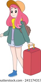 young girl on holiday alone, carrying a large suitcase, cartoon flat illustration