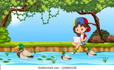 Young girl on ipad near pond illustration