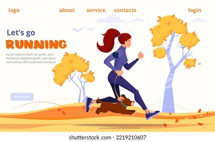 A young girl on a run with a wobaka, healthy lifestyle, fitness, running in the park. Concept page for website, vector graphics