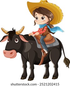 Young girl on a saddled cow